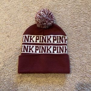 maroon and white beanie